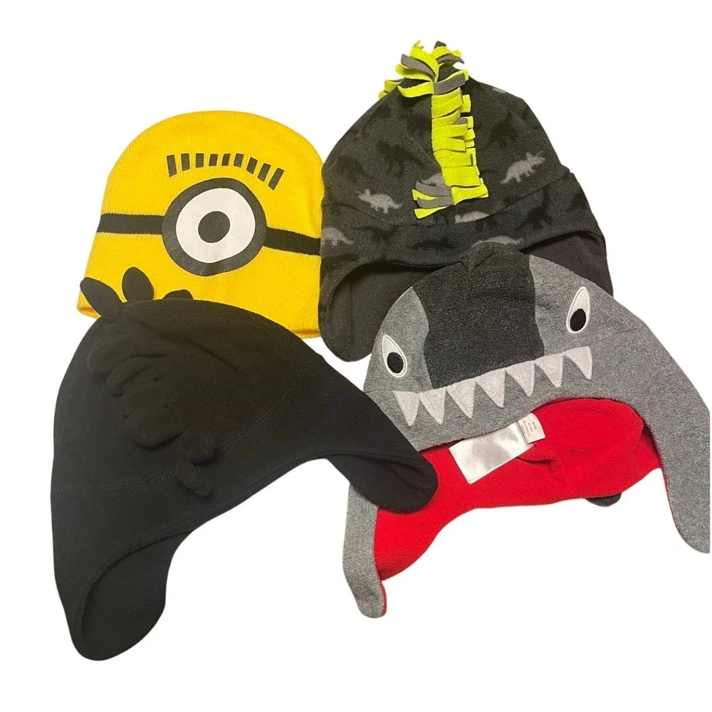 Kids Winter Hat Bundle Minion Shark‎ Dinosaur Fleece Trapper Beanie Set Size 4-7